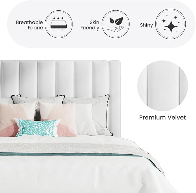 SHA CERLIN King Bed Frame/Velvet Upholstered Platform Bed Frame with Headboard/Strong Wood Slats Support/Mattress Foundation/No Box Spring Needed/Easy Assembly/White