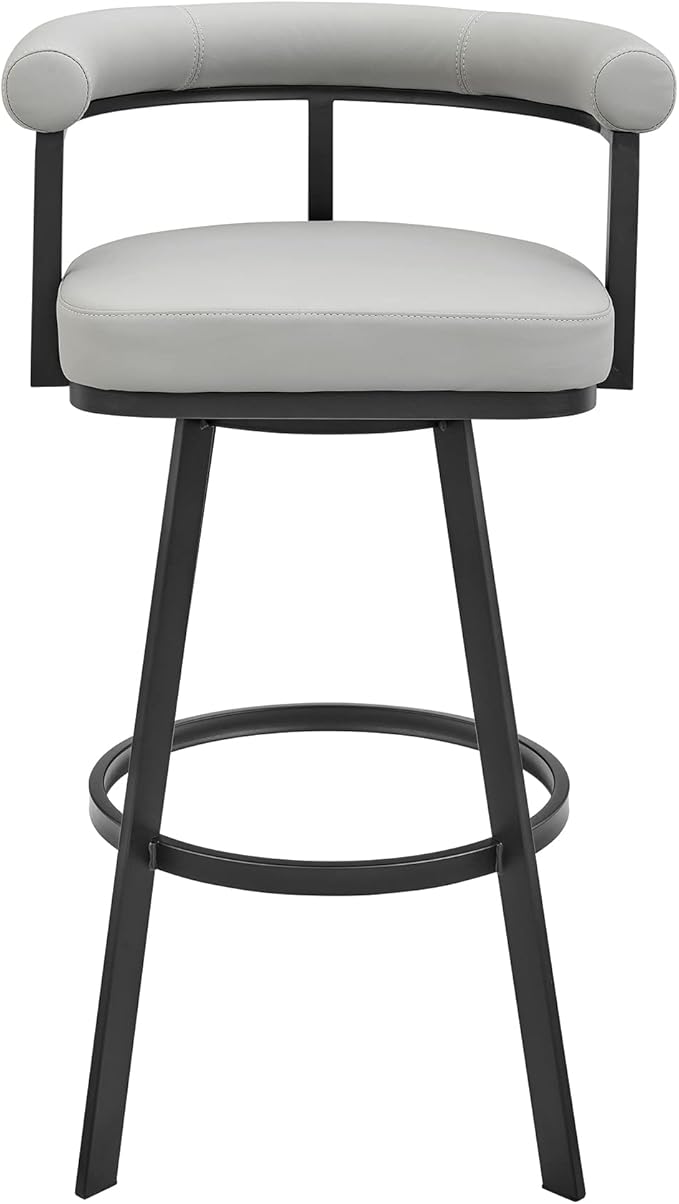 Armen Living Magnolia Swivel Bar Stool in Black Metal with Light Grey Faux Leather