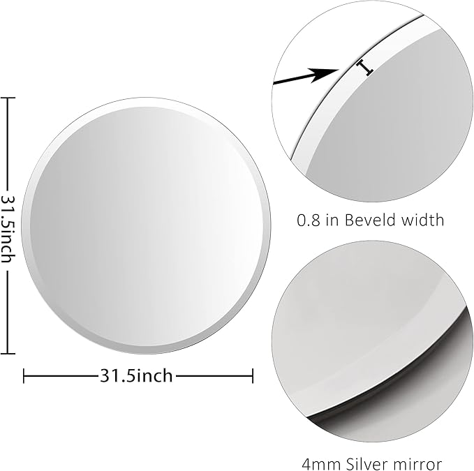 KOHROS Round Bathroom Mirror 32" x 32" Large Circle Mirror for Bathroom, Frameless Beveled Edge Mirror for Wall, Anti-Rust, Tempered Glass, Hallway & Home Decor (Silver)