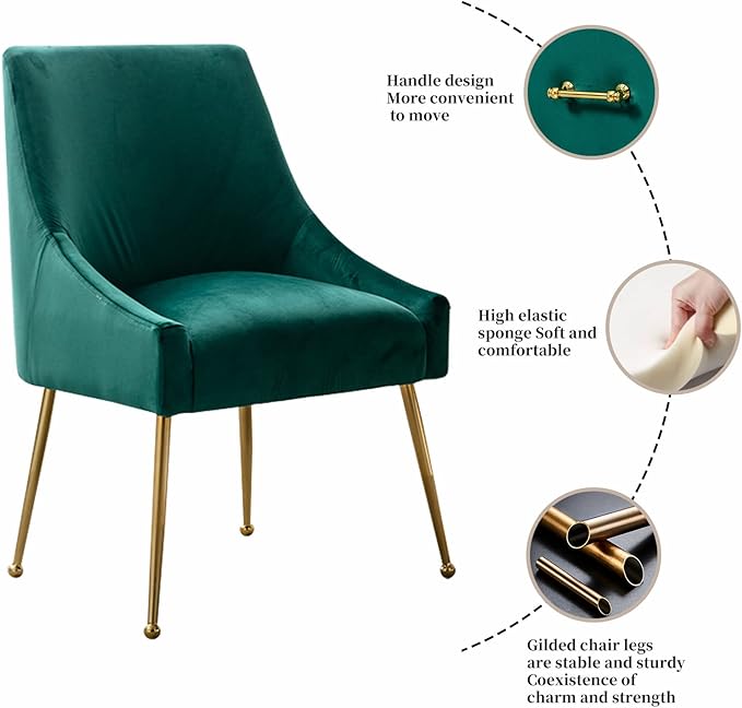 Modern Velvet Dining Chairs Set of 2, Contemporary Upholstered Furniture Collection with Polished Gold Metal Legs, Elegant Accent Chairs for Kitchen Living Room(Green)