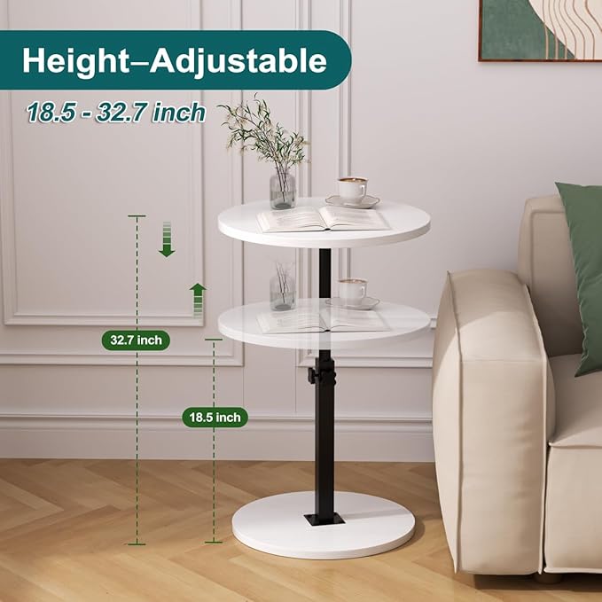 Adjustable Side Table, Round End Table, Small Bedside Table, Mid Century Modern Nightstand for Living Room, Bedroom, Corners and Office (White)