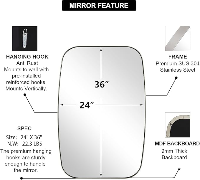 ANDY STAR Brushed Nickel Bathroom Mirror, Large 24x36’’ Brushed Nickel Metal Framed Oblong Wall Mirror, Modern Nickel Oval Vanity Mirror
