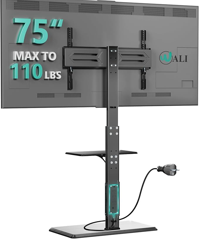 WALI Floor TV Stand with Power Outlet & AV Shelf, Tall TV Stand Mount for 32-75 inch TV up to 110 lbs, Swivel and Height Adjustable TV Stands with Wood Base for Bedroom, Office(TVDVD-6P), Black