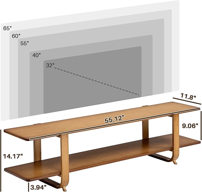 HollyHOME Bamboo TV Stand with Storage for TVs up to 65'', Modern Entertainment Center with 2 Open Shelf, Accent Media Console Table for Living Room, Bedroom, 55"(L), Walnut