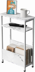 7.1" Narrow Side Table for Small Spaces, 3 Tier Small End Table with Magazine Holder, Slim/Skinny Nightstand/Bedside Table, 15.4" L x 24.2" H, Faux White Marble with White Legs