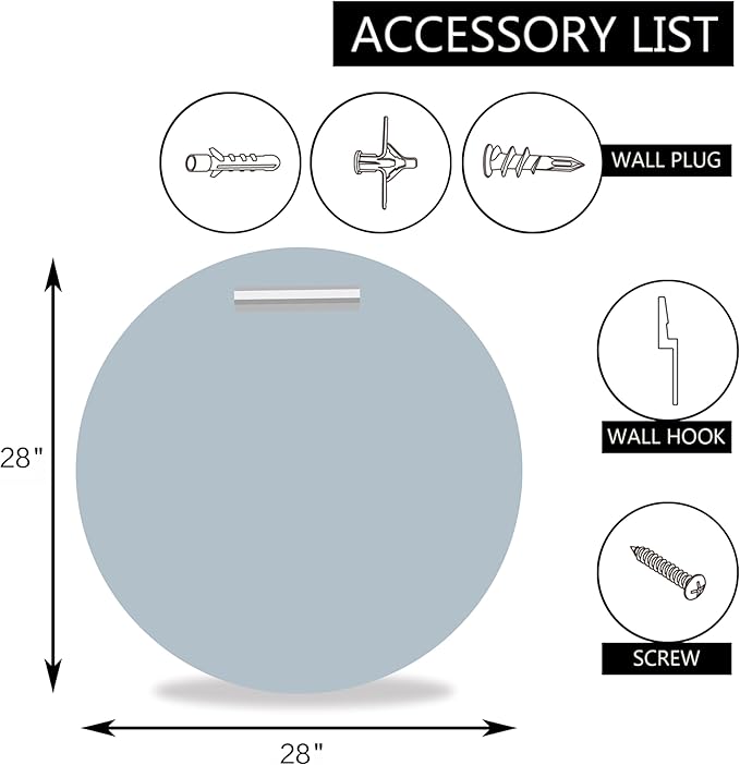28" Frameless Beveled Round Mirror with 1" Edge for Bathroom, Entryways, Vanity, Wall Decor