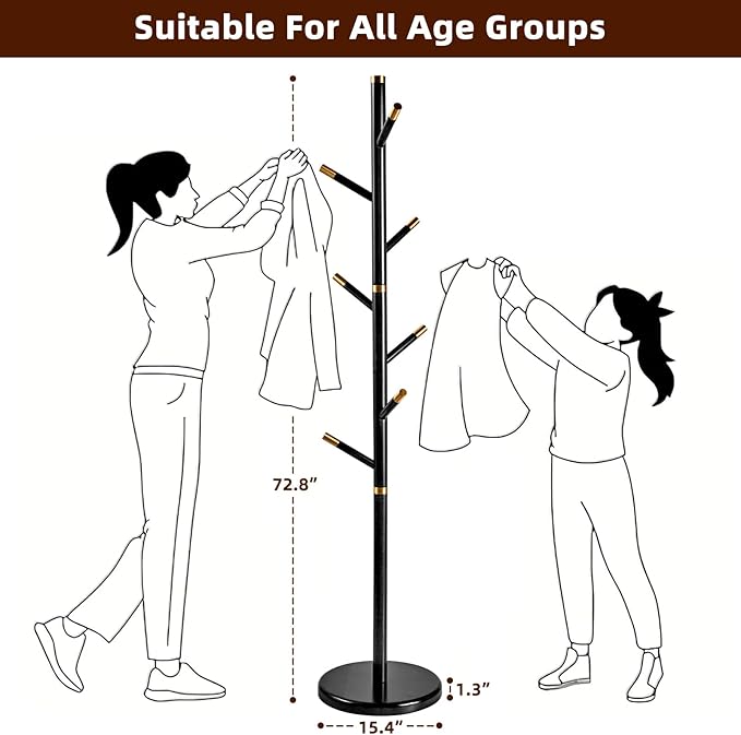 Uniclinens Coat Rack Freestanding Solid Wood Coat Tree Standing with 7 Hooks, Coat Rack Stand Creative Tree Branch-look (Black)