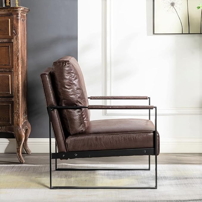Container Furniture Classic Mid Century Modern Accent Chair with Durable Square Metal Frame, Armchair for Living Room, Bedroom, Home Office in Spotted Microfiber Upholstery, Dark Brown