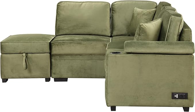 Ball & Cast Sleeper Sofa Bed L Shaped Couch with Storage Ottoman,Pull-Out Sectional Sofa Couch w/Cup Holder and Charging Stations,for Living Room and Small Apartment,Green