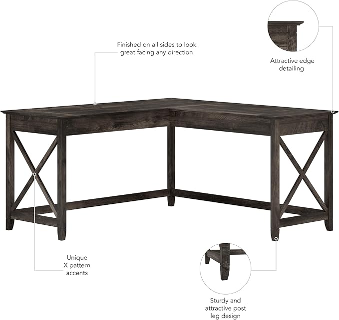 Bush Furniture Key West L Shaped Desk, 60-inch Modern Farmhouse Writing Desk for Home Office