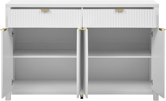 Merax Modern Wave-Pattern Sideboard Cabinet with 2 Drawers and 4 Doors,Buffet Cabinet,Aluminum Arc Handles,Scandinavian Style,Suitable for Entryway, Living Room,Foyer,White