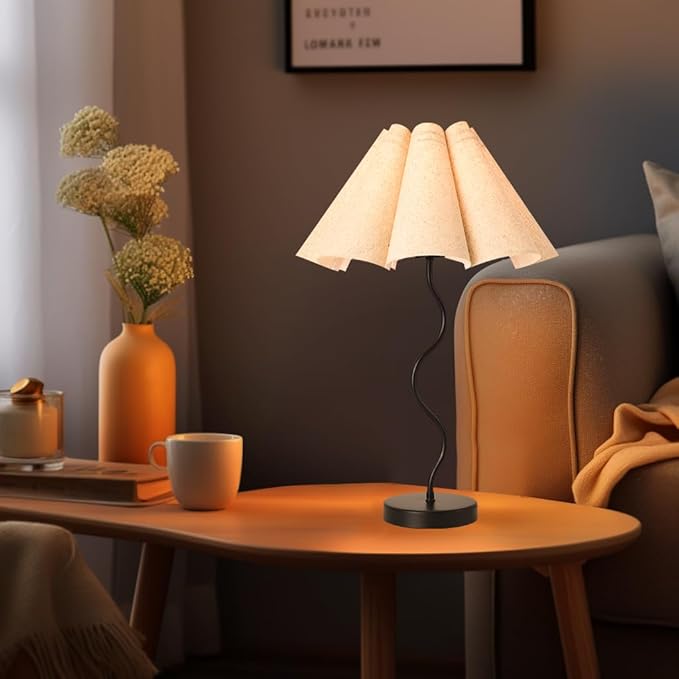 KUNJOULAM Small Table Lamp, Bedside Nightstand Lamp with Umbrella Form Fabric Lampshade Black Base, Morden Mini Desk Lamp for Bedroom Home Office Decor