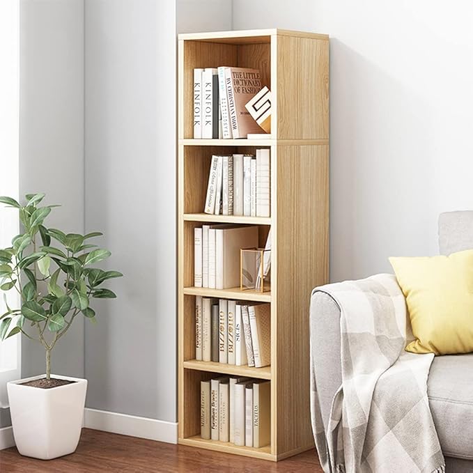 IOTXY Small Narrow Corner Bookcase - 47 Inches Tall Gap Freestanding Storage Cabinet, 5 Lattices Open Shelves Tower Rack, Cubes Bookshelf in Oak