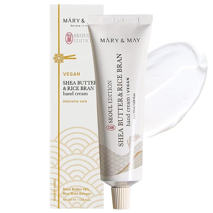 Mary&May SEOUL EDITION Shea Butter & Rice Bran Hand Cream - Korean Fragrance Free Nourishing Vegan Hand Moisturizer for Soft, Healthy Hands - Non Greasy Velvet Hand Butter, 1.69oz.