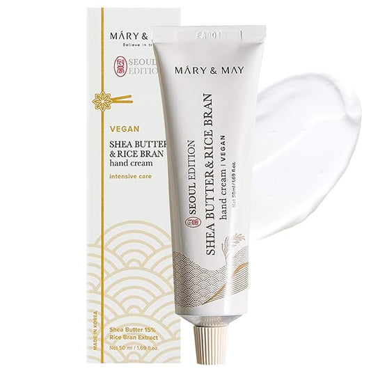 Mary&May SEOUL EDITION Shea Butter & Rice Bran Hand Cream - Korean Fragrance Free Nourishing Vegan Hand Moisturizer for Soft, Healthy Hands - Non Greasy Velvet Hand Butter, 1.69oz.