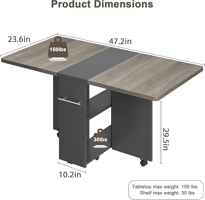 GarveeHome Folding Dining Table, Space Saving Farmhouse Dining Table for 4 Storage Shelf, 6 Wheels Multipose Expandable Kitchen Drop Leaf Table for Small Space (Carlo Grey, 47.2"D x 23.6"W x 29.5"H)