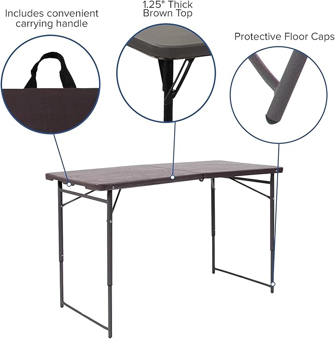 Flash Furniture Mills 4-Foot Height Adjustable Bi-Fold Brown Wood Grain Plastic Folding Table with Carrying Handle