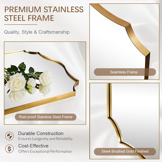 ANDY STAR Gold Mirrors, 24x32 Inch Bathroom Vanity Mirror, Antique Brass Asymmetrical Mirror, Unique Rectangle Mirror with Sophisticated Curved Design, Ideal for Home Decor