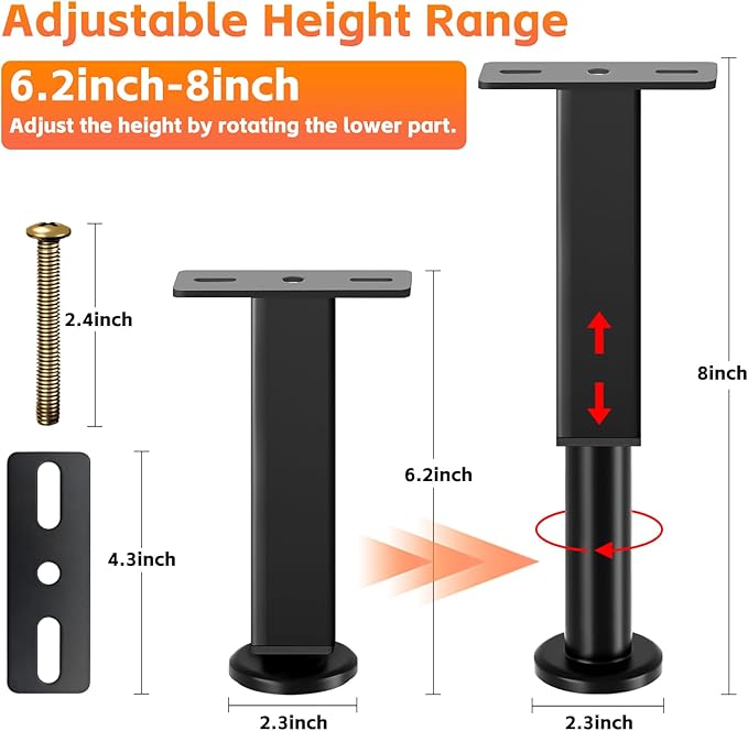 6PCS Adjustable Height Bed Support Legs, 6.2-8 Inch, Metal Heavy Furniture Legs with Rubber Non-Slip Base for Sofa/Cabinet/Couch/Dresser/Table, Furniture Feet Replacement for King Queen Bed Frame Slat
