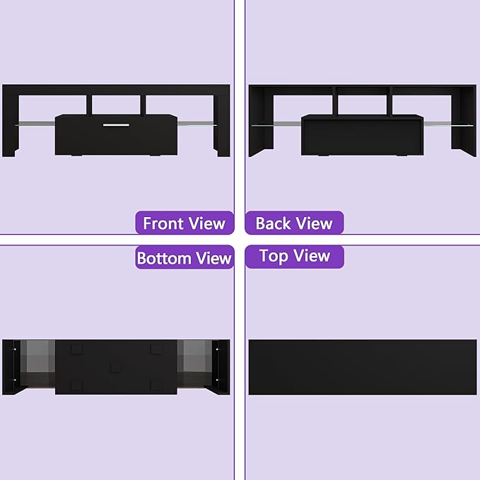 Clikuutory Modern Lighting 51 inch TV Stand with Large Storage Drawer for 32 40 50 55 Inch TVs, TV Console with 20 Color LED Lights, Entertainment Center Media and Open Shelf for Bedroom, Black