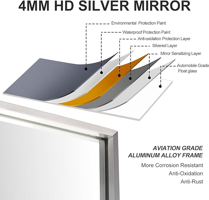 24x40 Inch Silver Bathroom Mirror - Copper-Free Mirror, Aluminum Alloy Frame Vanity Rectangle Wall Mounted Modern Mirror for Bedroom/Living Room/Porch Horizontal or Vertical