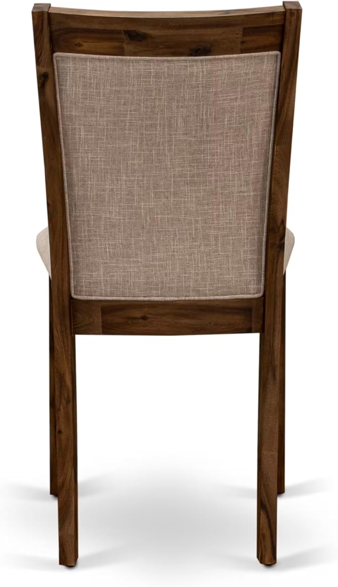 F3MZ5-50N-04 5-Pc Dining Room Set consists of a Pedestal Kitchen Table and 4 Light Tan Polyester Chairs with Padded Back - Antique Walnut