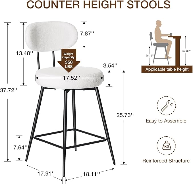 HOMMPA Swivel Bar Stools Set of 3 Counter Height Bar Stools Chiars 26'' Boucle Upholstered Modern Counter Barstools with Back Metal Legs Bar Chairs for Kitchen Counter Island White