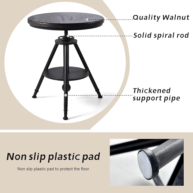 Industrial Vintage Cafe Farmhouse Dining Table - Rustic Round Wooden Top, Height Adjustable 21-29in