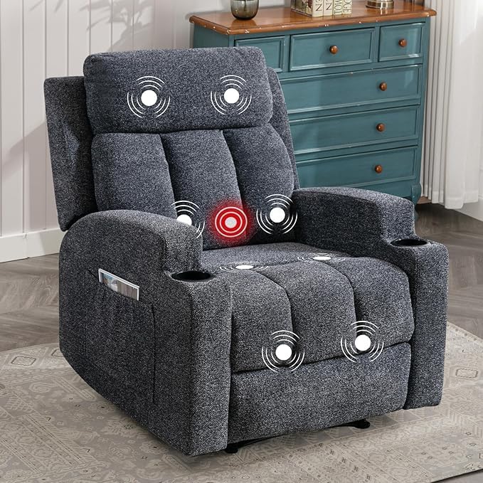 Phoenix Home Manual Recliner Chair with Massage and Heat Ergonomic Overstuffed Breathable Fabric Reclining Chair with 2 Side Pockets, 2 Cup Holders, Remote Control, Living Room, Bedroom, Dark Gray