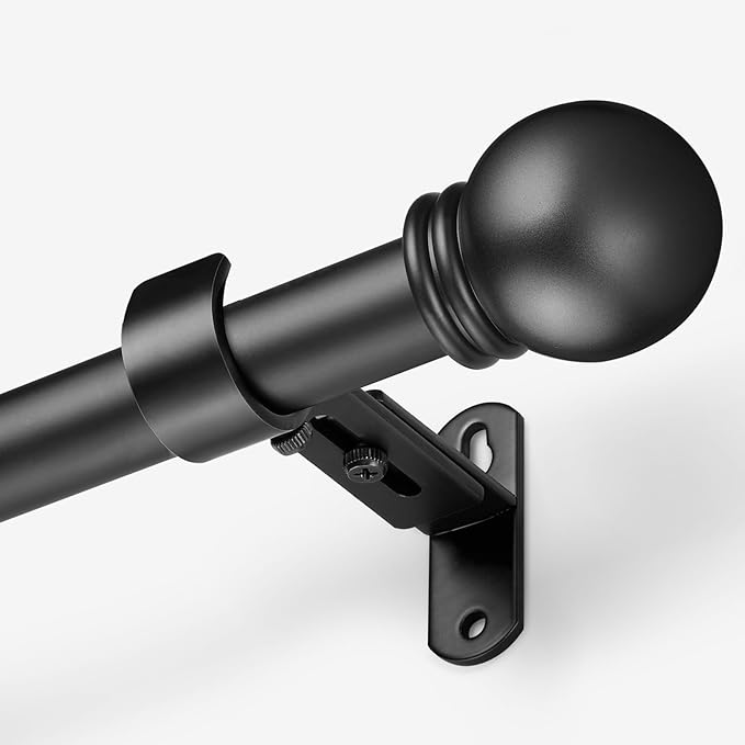 Curtain Rods for Windows 16 to 120 Inches, Curtain Rod Max Adjustable Length of 132 IN, 1" Diameter Drapery Rods Round Finials, Black, Pack of 1