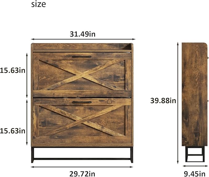 Maupvit Shoe Storage Cabinet with 2 Flip Drawers, Freestanding Shoe Organizer with Metal Legs for Entryway, Narrow Shoe Rack Cabinet, Rustic Brown
