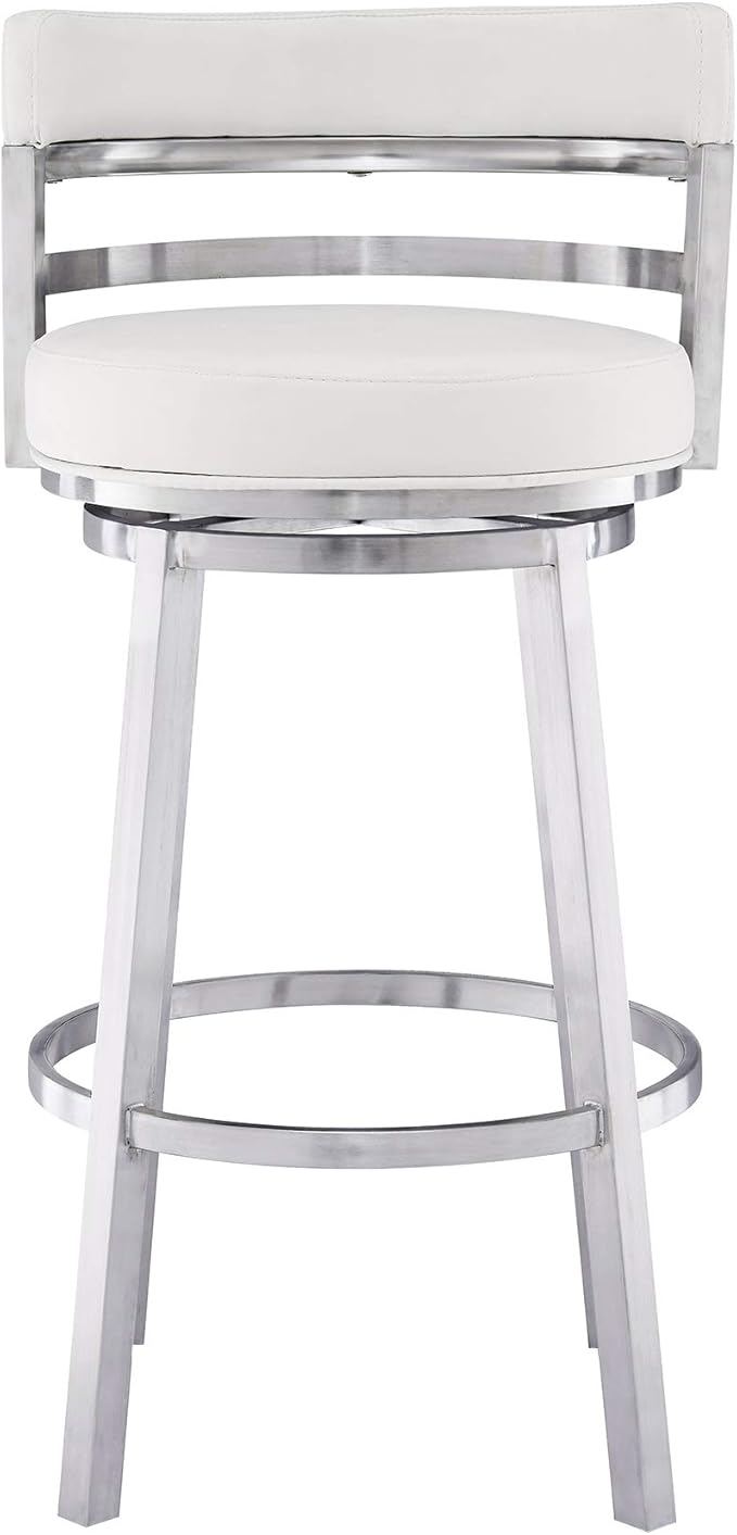 Armen Living Titana 30" Bar Height Swivel White Faux Leather and Brushed Stainless Steel Bar Stool