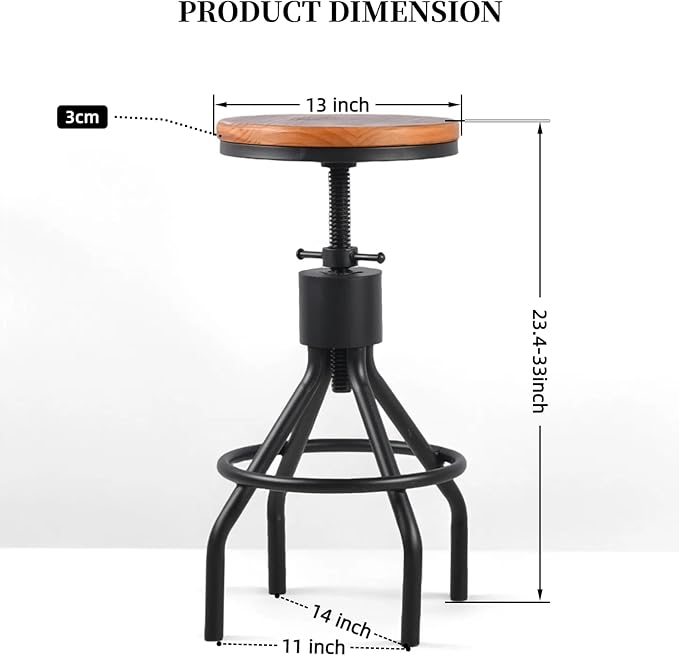 Industrial Bar Stool-Set of 2-Swivel Counter Coffee Chair-Extra Pub Height Adjustable 22-33 inch