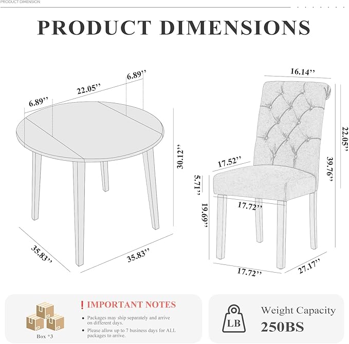 COLAMY 5-Piece Round Dining Table Set for 4, 36" Kitchen Extendable Wood Table with 4 Tufted Dining Room Chairs,Light Brown/Taupe