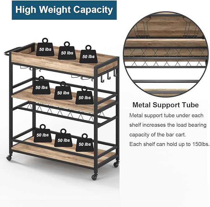 BON AUGURE Bar Cart for The Home, Bar Serving Carts on Wheels, 3 Tier Storage Drink Trolley, Rolling Wood and Metal Liquor Beverage Cart (Vintage Oak)