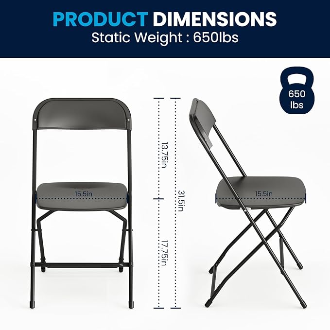 Flash Furniture Hercules Series Plastic Folding Chairs for Parties and Weddings, Stackable Commercial Event Seats with 650-lb. Static Weight Capacity, Set of 6, Black