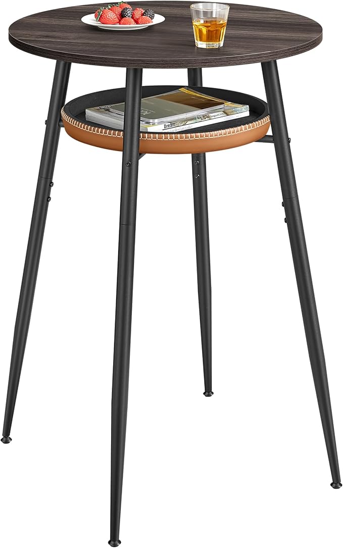 VASAGLE EKHO Collection - Bar Table with Storage, Round High Pub Table, Synthetic Leather with Stitching, Mid-Century Modern, Kitchen Home Bar, Living Room, Easy Assembly, Ash Brown and Caramel Brown