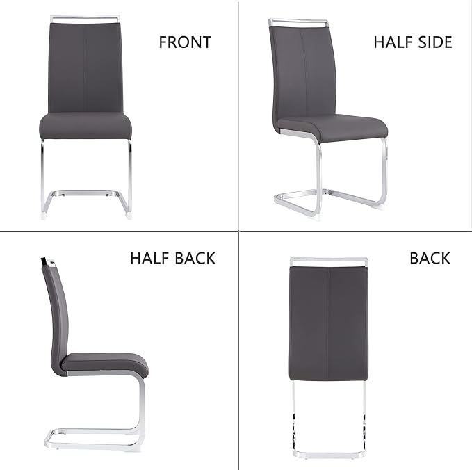 Dining Chairs Set, Kitchen Modern Metal Chairs with Faux Leather Padded Seat High Back and Sturdy Chrome Legs, Chairs for Dining Room (Grey, Set of 2)