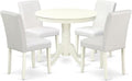 East West Furniture ANAB5-LWH-64 5 Piece Dining Room Table Set Includes a Round Kitchen Table with Pedestal and 4 White Faux Leather Upholstered Parson Chairs, 36x36 Inch, Linen White