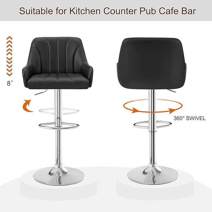 VECELO Bar Stools Set of 4, Adjustable Barstools, Counter Height Stools with Back and Arm, Kitchen Island Stools, Swivel PU Chairs for Pub, Dining Room, Modern Style, PU Black
