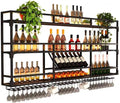 Metal Wall-Mounted Wine Rack with LED Light - 3 Tier Wine Storage Display Rack with Glass Holder - Space-Saving Bottle Display Shelf for Home Bars, Dining Rooms(Black, 59in/150cm)