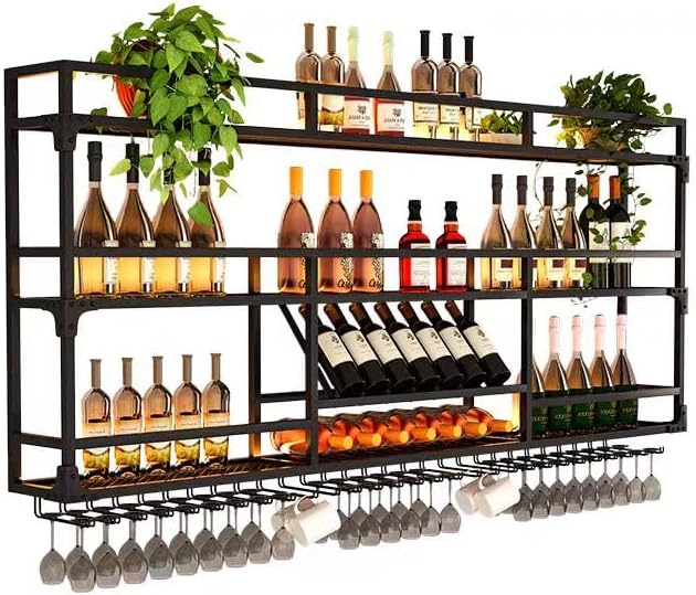 Metal Wall-Mounted Wine Rack with LED Light - 3 Tier Wine Storage Display Rack with Glass Holder - Space-Saving Bottle Display Shelf for Home Bars, Dining Rooms(Black, 71in/180cm)