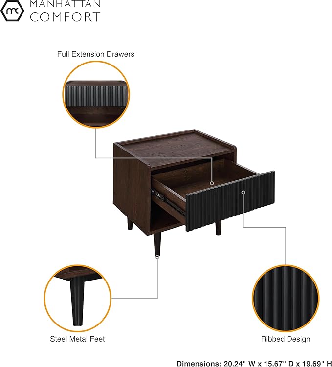 Manhattan Comfort Duane Mid Century Modern Ribbed Nightstand and Coffee Table with Storage, Living Room Furniture with Cabinet, Shelves and Iron Metal Feet, Set of 2, Black