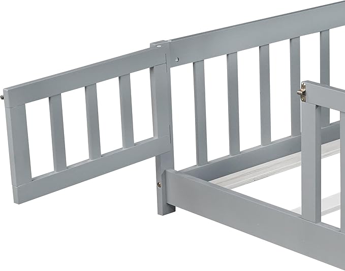 Bellemave Full Floor Bed with Slats and Safety Guardrails, Kids Montessori Floor Beds with Fence and Door, Easy Assemble Floor Bed for Kids, Girls, Boys, Gray