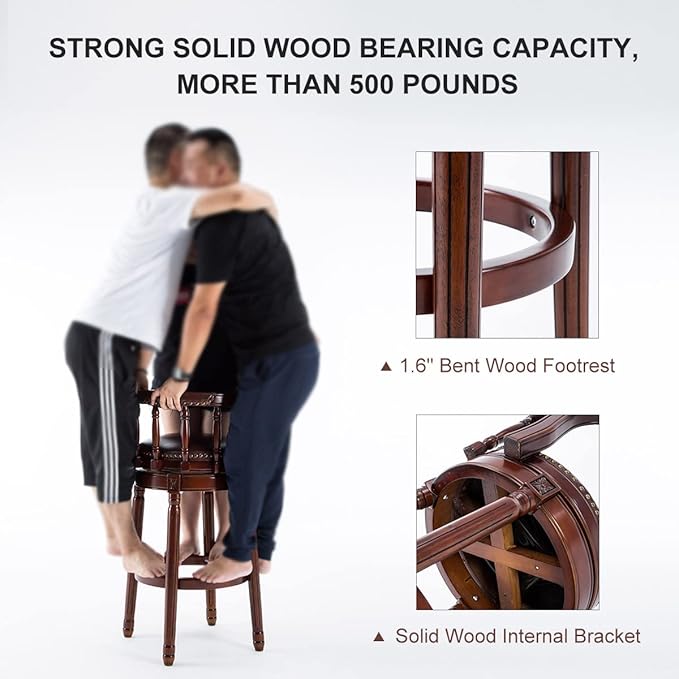 Cow top Leather Wooden Bar Stools, 360 Degree Swivel Bar Height Chair with Backs for Home Kitchen Counter, Morden Chair Barstools (Brown 2pcs, Counter Height-Seat Height 26”)