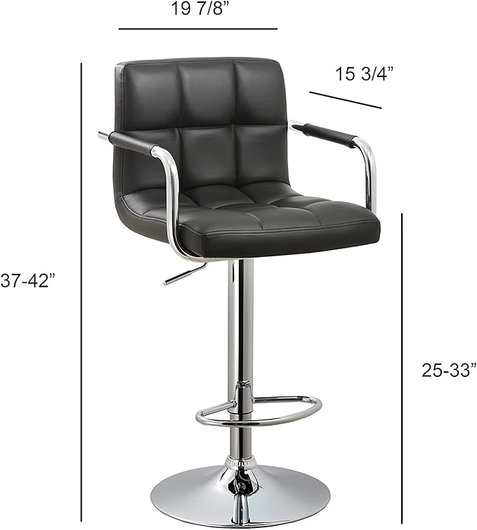 AC Pacific Contemporary Hydraulic Adjustable Swivel Kitchen Bar Stool Chair with Cushion and Armrest, 24"-33", Black ACBS15-BLACK Midnight Square
