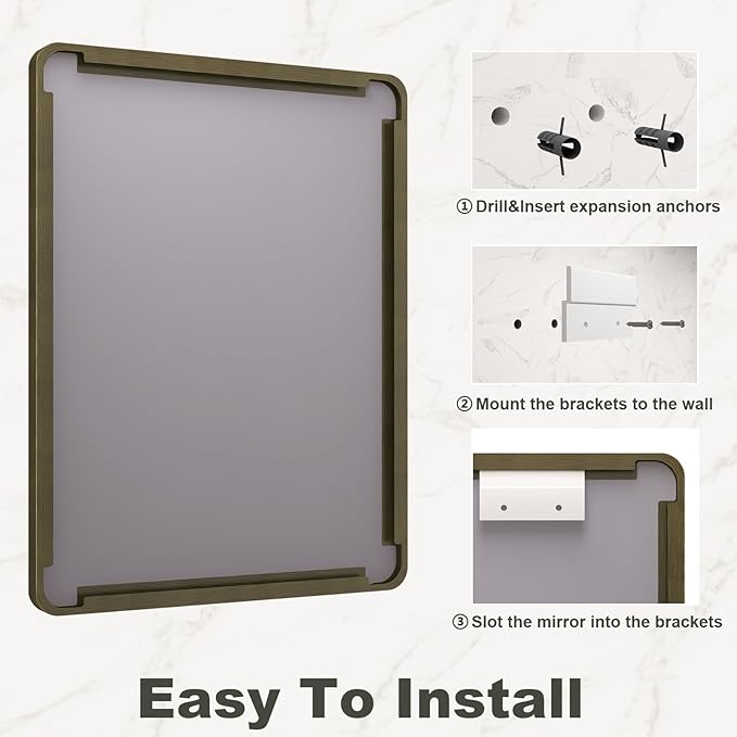 24x32 Inch Bronze Framed Bathroom Mirror, Brushed Bronze Metal Vanity Mirror, Bronze Rectangle Wall Mirror, Rounded Corner, Tempered Glass, Anti-Rust, Shatterproof (Horizontal/Vertical)
