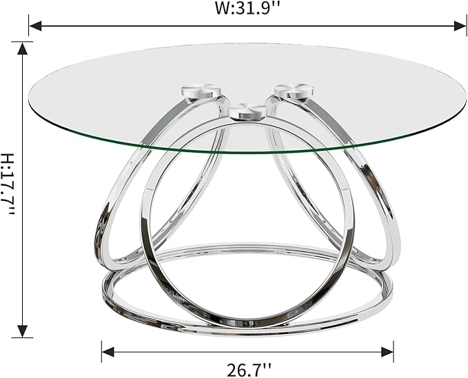 O&K FURNITURE Silver Coffee Table, Modern Glass Coffee Table Living Room Table with Ring-Shaped Frames, Glass Coffee Table for Home&Office, Chrome Finish, 1 PC