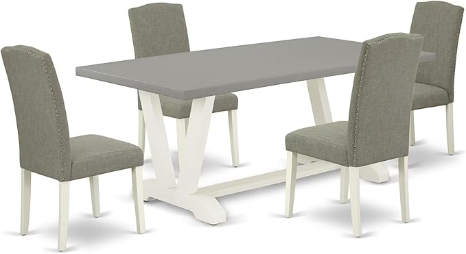 East West Furniture V097EN206-5 5 Piece Dining Table Set Includes a Rectangle Dining Room Table with V-Legs and 4 Dark Shitake Linen Fabric Upholstered Chairs, 40x72 Inch, Multi-Color