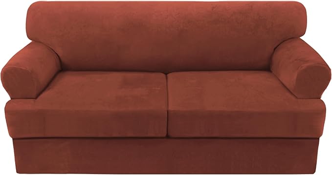 H.VERSAILTEX Sofa Cover 3 Piece T Cushion Loveseat Slipcovers Thick Velvet Couch Cover Stretch T Cushion Sofa Covers for 2 Cushion Couch with 2 Individual T Cushion Covers Washable, Rust